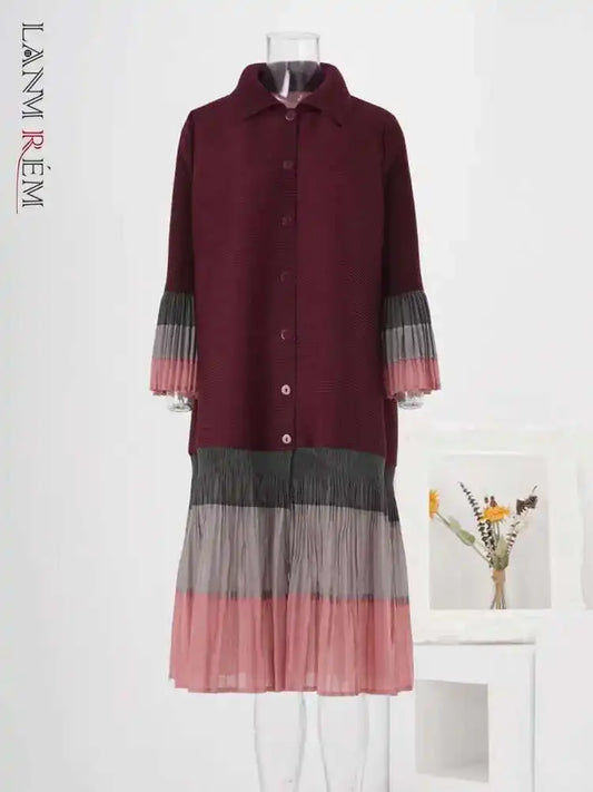 🍒Ruffle pleated midi dress lapel button and flared sleeve women fashion single breasted loose outfit contrast colour