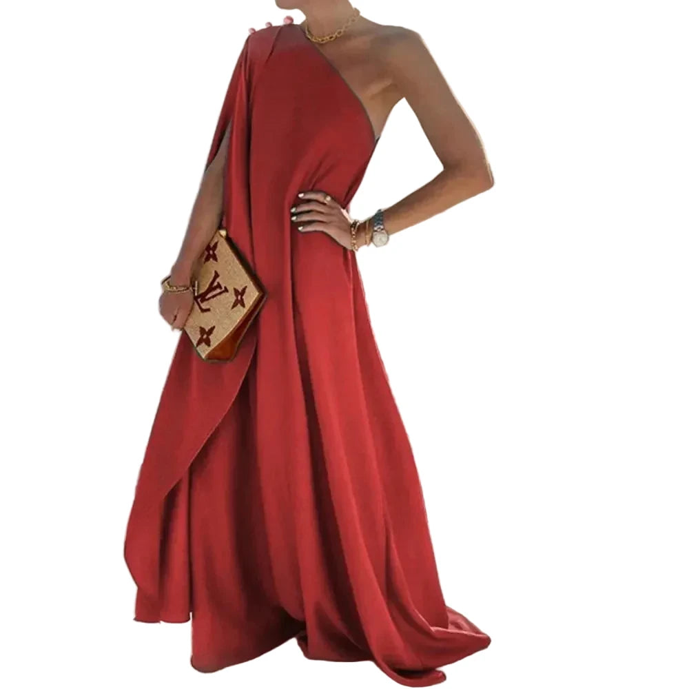 🍒One shoulder outfit plus size holiday dress floor length solid pleated loose fitting occasion wear holiday wear beach fashion women vacation party wear with scarf and side attach detail summer clothing Unleash Some Greech