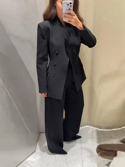 🍒Casual black blazer and pants set long sleeve jacket with fitted waist and long kick flare solid straight pant set women spring autumn suits  ‘Well fit
