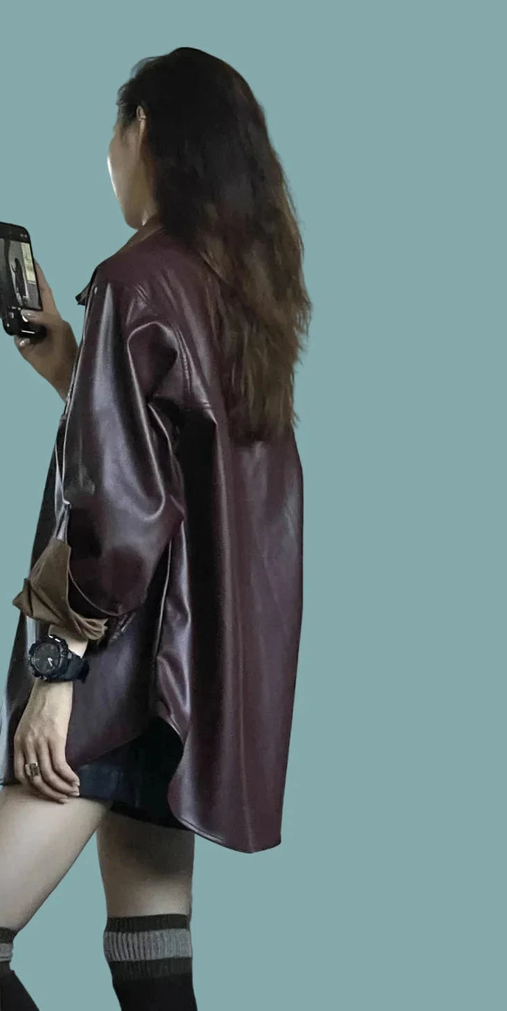 🍒Shirt style jackets faux leather womens oversized outerwear solid single breasted spring/autumn stylish vintage turn-down collar windbreak casual coats chic female clothing     Luvly Lazy-Like Leather Look