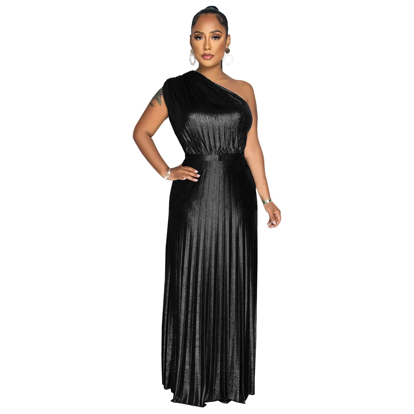 🍒Metalic women's dress pleated elegant slanted shoulder sleeveless outfit solid colour occasion partywear fashion evening wear 'Perfect Party Polish