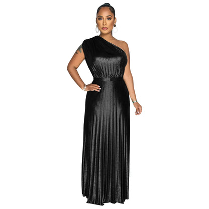 🍒Metalic women's dress pleated elegant slanted shoulder sleeveless outfit solid colour occasion partywear fashion evening wear 'Perfect Party Polish