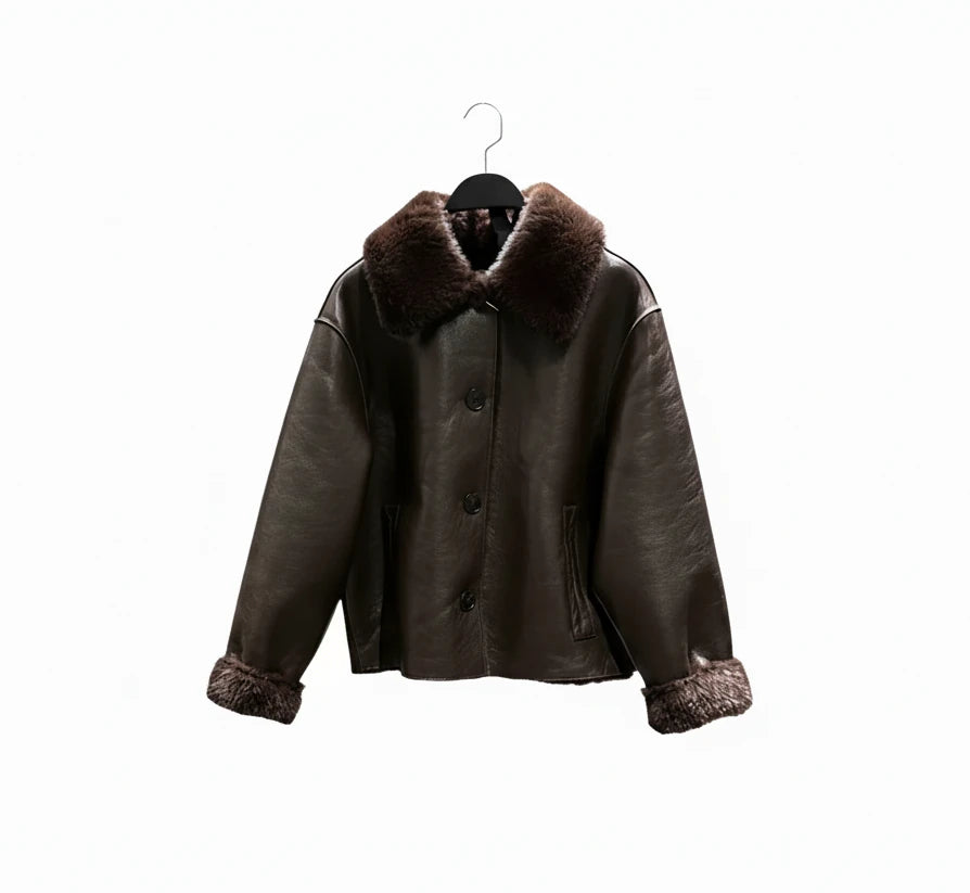 🍒Faux leather Jackets brown women long-sleeve reversible outerwear smart casual women stylish and unique Lavish In Leather or Flip To Fur