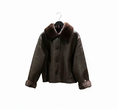 🍒Faux leather Jackets brown women long-sleeve reversible outerwear smart casual women stylish and unique Lavish In Leather or Flip To Fur