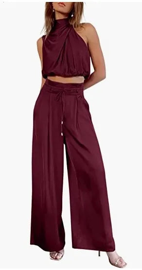 🍒Tweedelige broekpakke vir vroue oop naeltjie-uitrusting, syerige moulose tops en wye pypbroeke, slim gemaklike drag, somermode, klubdrag, partytjie-geleentheidsdrag, 2-stukstelle, trek hierdie GEKNIPTE top aan en wees GEREED vir WYE goedkeuring