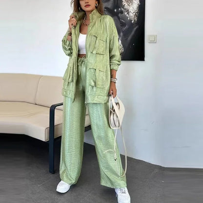 🍒Elegant casual single breasted utility coat jacket and matching pants suit women's retro loose large pocket solid colour two piece set Pocket These Pants And Jacket The Saving