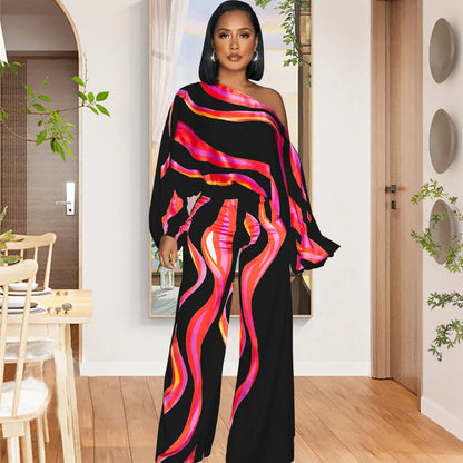 🍒One side off shoulder jumpsuit pants and top one piece print long sleeve rompers casual high waist wide leg pants overalls loose fit elegant office wear party wear occasion outfit