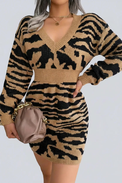 🍒Casual knit dress print design v- neck mini outfits long sleeve bodycon knitwear spring summery casual wear for women LILLY up your wardrobe with a TIGER