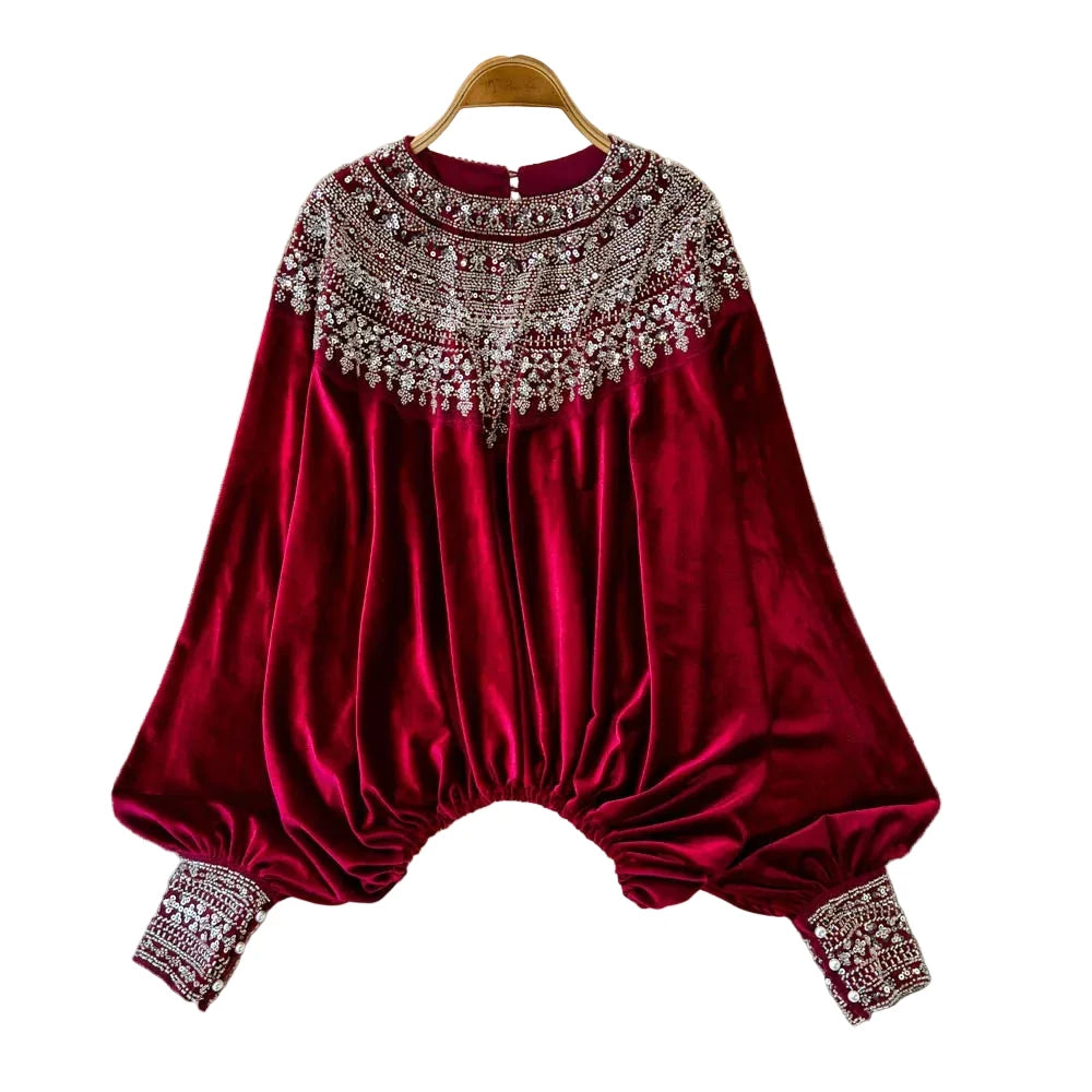 🍒Vintage fluweel bloes dames velours hemp paillette kleding elastiese middellyf top Los partytjie geleentheid drag kleding Gestem Fluweel Wisselend Nooit