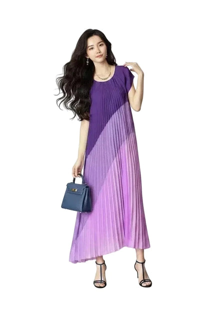 🍒Mid length dresses for women casual outfit short sleeve smart three-residence series round neck clothes fashion pleated loose waist summer wear Angle To A Diagonal