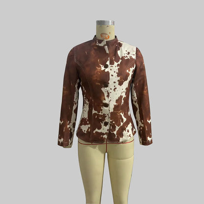 🍒Informele Baadjie vir vroue, modieuse bruin diereprent langmou baadjie met lapelstyle en opstaande kraag, slim blazerpakke, slim gemaklik, Oulike Koei