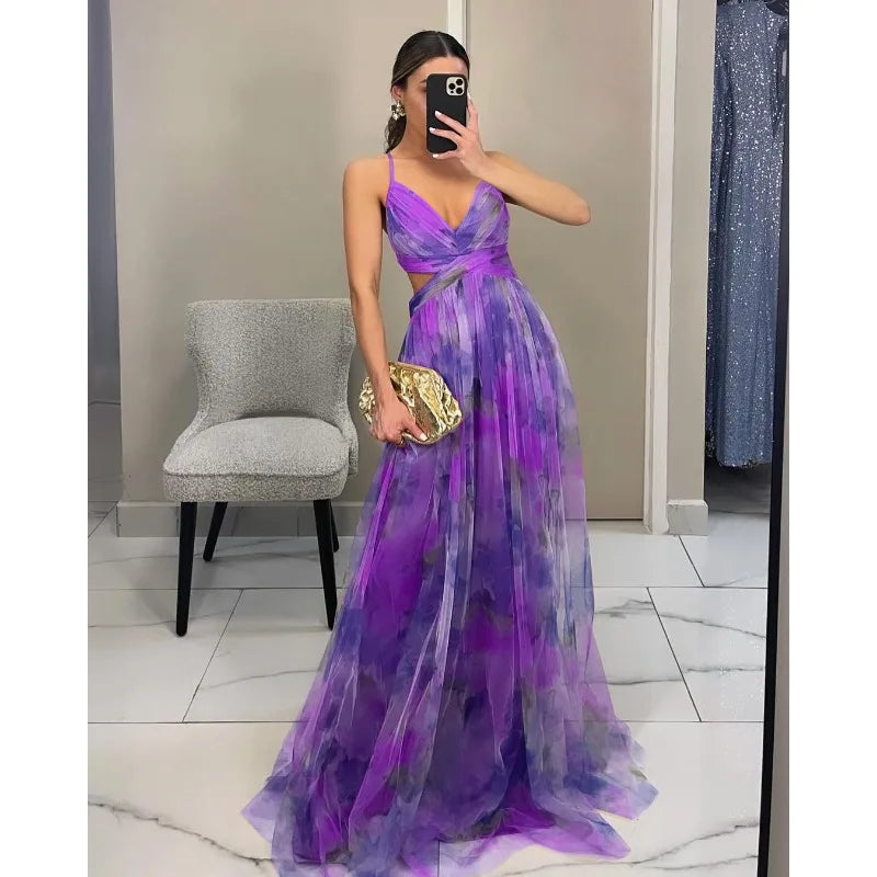 🍒Mesh evening dress spaghetti straps off shoulder vacation fashion outfit for summer party v-neck dress high waist backless occasion wear Mingle In A Mesh