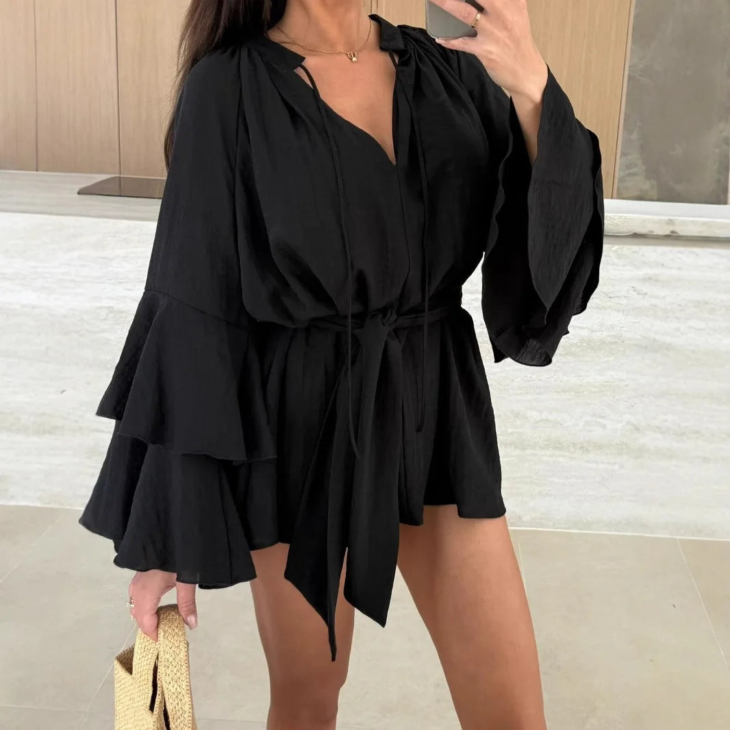 🍒Elegante opvourok vir vroue bruin diep v-nek langmou mini-rok vroulike lente somer los modeklere partytjie geleentheid drag Blouse Up In  a Dress