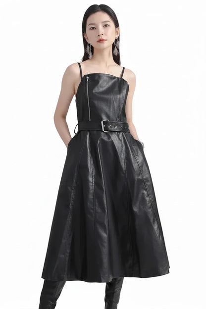 🍒Black faux leather dress spaghetti strap pu outfit with zip front sleeveless belted midi a-line dress party occasion wear sleeveless wear for women Like A Biker