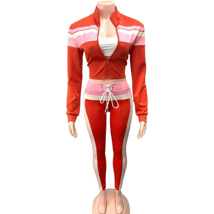 🍒Fashion tracksuit 2 piece set colour block fashion long sleeve Jacket with zipper and sporty pants for women fitness gym outfit female casual clothes Sport Colour