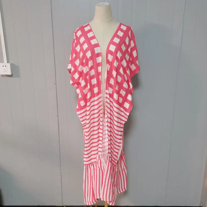 🍒Strandbedekkers vir swemklere vir vroue geruite kimono met strepe-kaap somerrok stranddrag-uitrustings Kyk Hierdie Strand