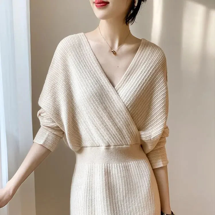 🍒V-nek gebreide rok kruis-oor elastiese middel vlermuismou uitrusting skraal pasvorm elegante herfs winter mode slim gemaklike drag vroue Spring In Breiwerk