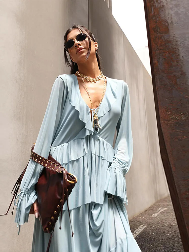 🍒Two piece set ruffled layered blouse shirt top for women plus  long skirt flared sleeves lace up v-neck pleated satin shirt loose feminine fashion wear summer out fit occasion wear party wear Relaxed Ruffles Get A slinky Blue Hue To wear To That Do