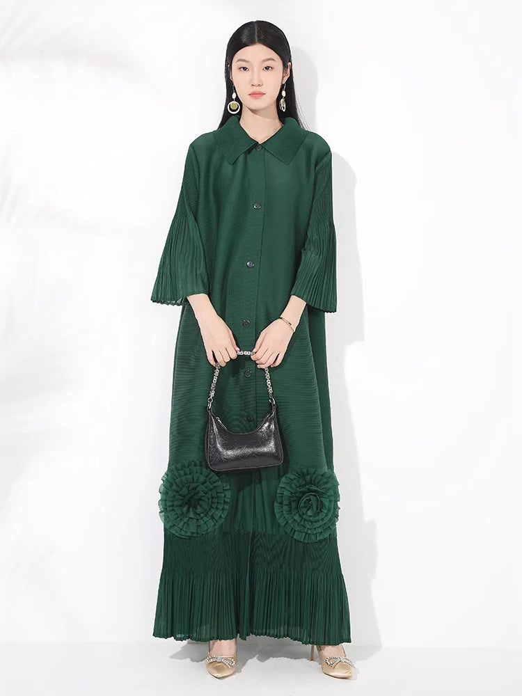 🍒Loose women's dress high-end chic lapel outfit with flared sleeves 3d floral fashion maxi  single breasted coat dress party occasion wear Flowers At Your Feet frock
