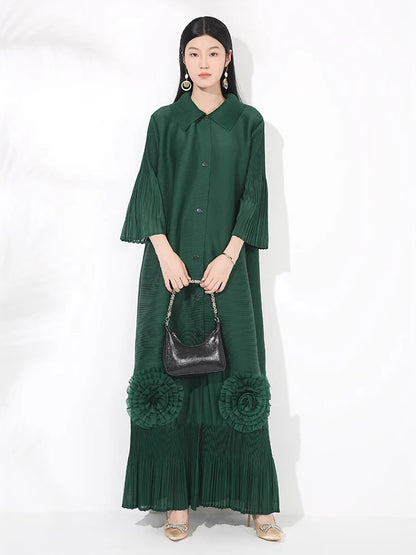 🍒Loose women's dress high-end chic lapel outfit with flared sleeves 3d floral fashion maxi  single breasted coat dress party occasion wear Flowers At Your Feet frock