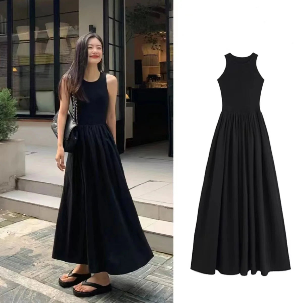 🍒Lang rokke hoë middellyf somer ronde hals maxi rok moulose vrouemode eenvoudige styl elegante lang swart uitrusting slim gemaklike drag