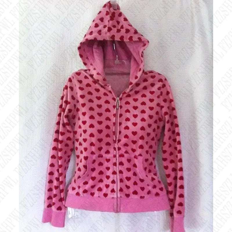 🍒Hooded top y2k zip up casual cardigan hoodie tank top zip up womens aesthetic heart print clothing feminine streetwear fashion Heart Print Heart Print