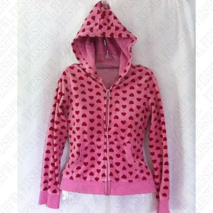 🍒Hooded top y2k zip up casual cardigan hoodie tank top zip up womens aesthetic heart print clothing feminine streetwear fashion Heart Print Heart Print