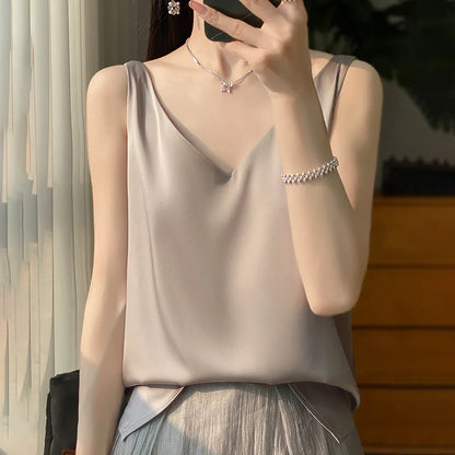 🍒Women's silky tank top camisole for summer beautiful satin loose v-neck vest sleeveless tops