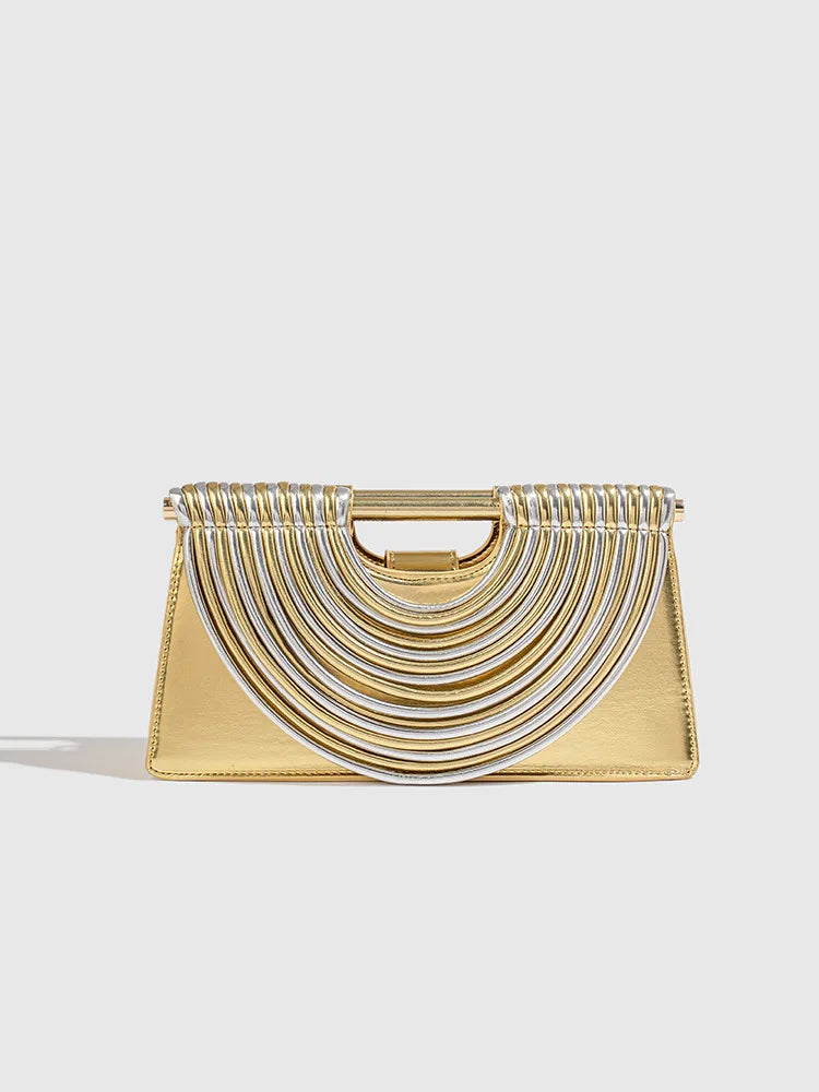 🍒Handwoven style Women's gold crossbody bag clutch handle occasion handbags smart casual strands pu material soft Texture triangle shape shoulder bag Strands Of Style