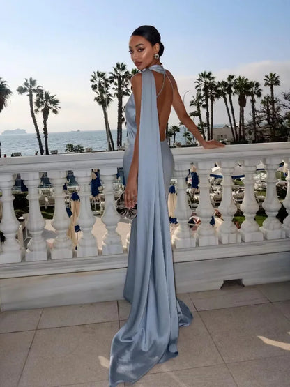 🍒Satin halter neck dress with scarf collar maxi dresses for women sleeveless backless long dress holiday wear evening party outfits Get Ready For A Trail Of Compliments