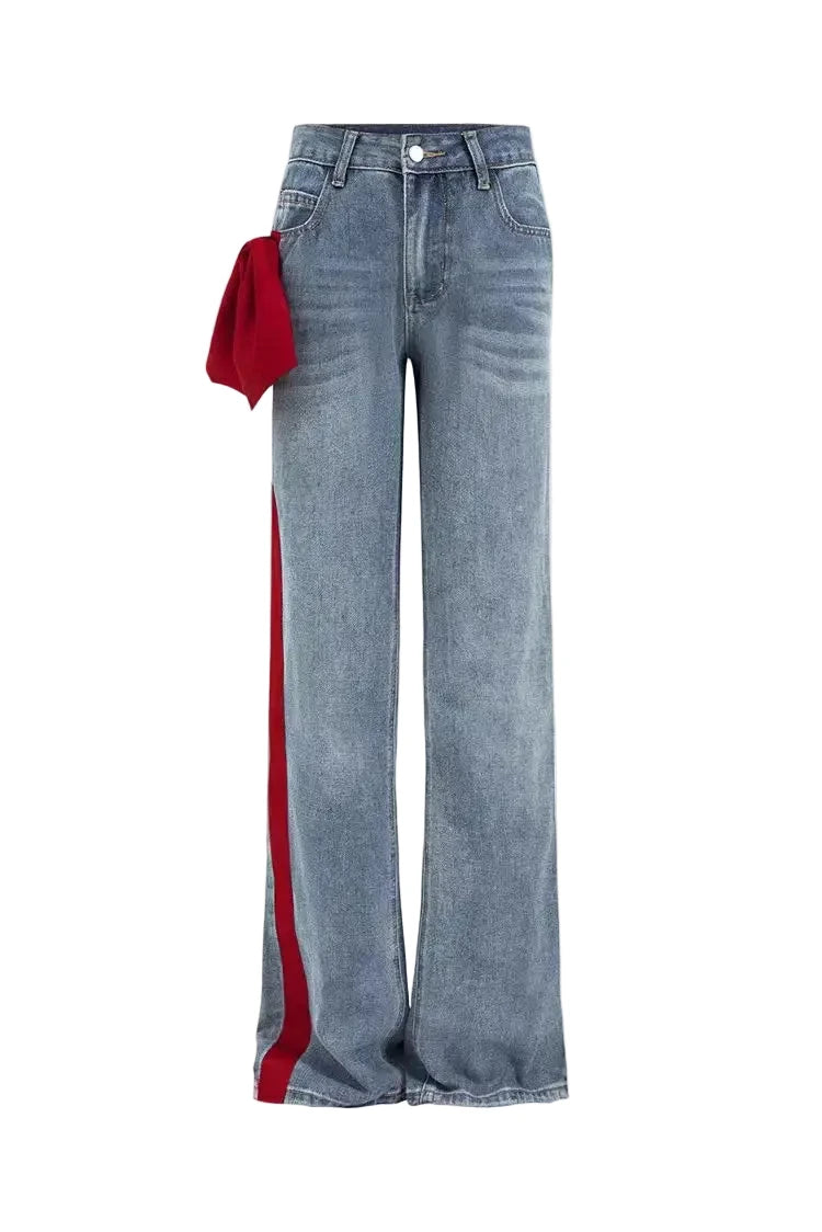 🍒Women's spring/autumn style Jeans fashion versatile slim Fit casual pants with linear and  bow detail decoration tie bow trousers  flared leg denim Line Up For These Bow Lines