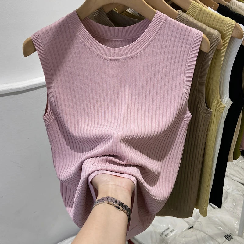 🍒女士针织背心细针无袖衫夏季女装圆领无袖T恤休闲服装，背心让您的上衣更上一层楼