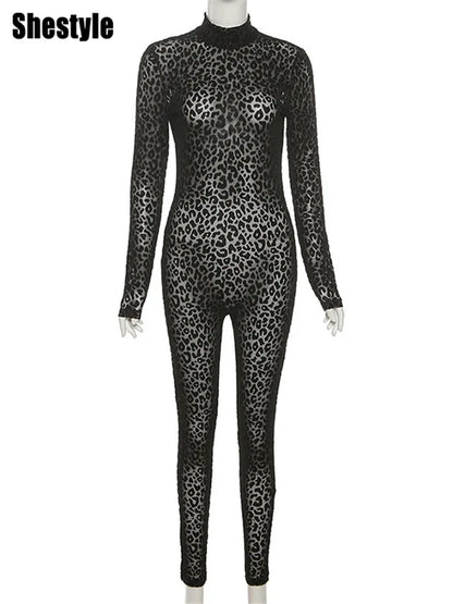 🍒Shestyle leopard transparent Jumpsuit skinny one piece for women mock neck black animal print clothing transparent outfit slim clubwear partywear fashion