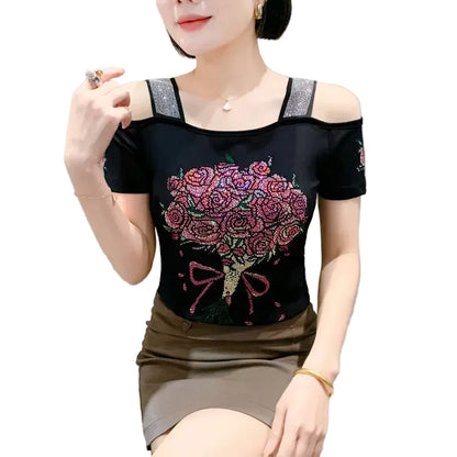 🍒Streetwear-sjiek Hartvormige top, diamant-t-hemp, moulose swart T-hemp vir vroue, somer kortmou gaas-tops.