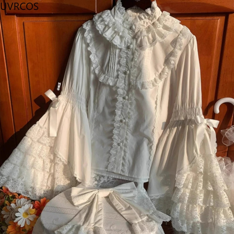 🍒Ruffle flare sleeve shirt with bow on sleeve sweet blouse Y2k aesthetic designer lace patchwork top white loose feminine clothes smart casual party occasion wear Great Simply Ornate