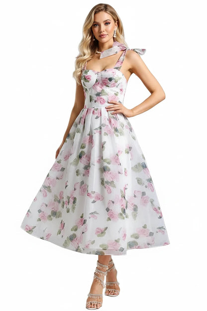 🍒High waist party dress with bodice and full skirt elegant floral print for summer fashion  sleeveless a-line dress off shoulder outfit women Fun Floaty Floral