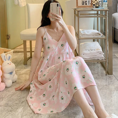 🍒Moue nagrok vir Vroue, asemende viskosekatoen-camisole-nagrok, bloemryke nagrok, huisdrag, somerdrag, vakansiedrag, nagdrag, Vars Blommepatrone