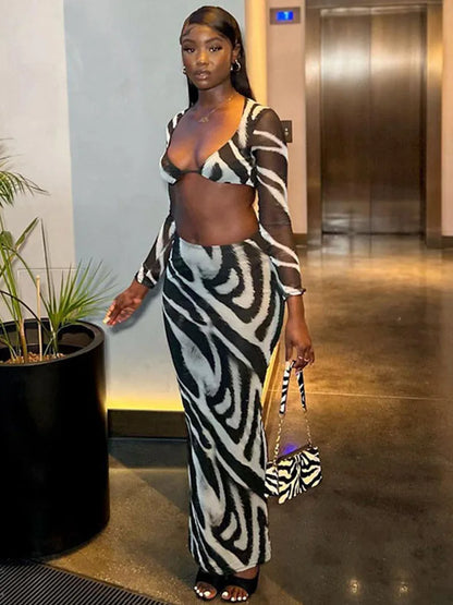 🍒Stripe two piece set skirt contrast colour animal zebra print chiffon top party bra outfit crop top and matching fitted maxi skirt suit Hot Girl Cool