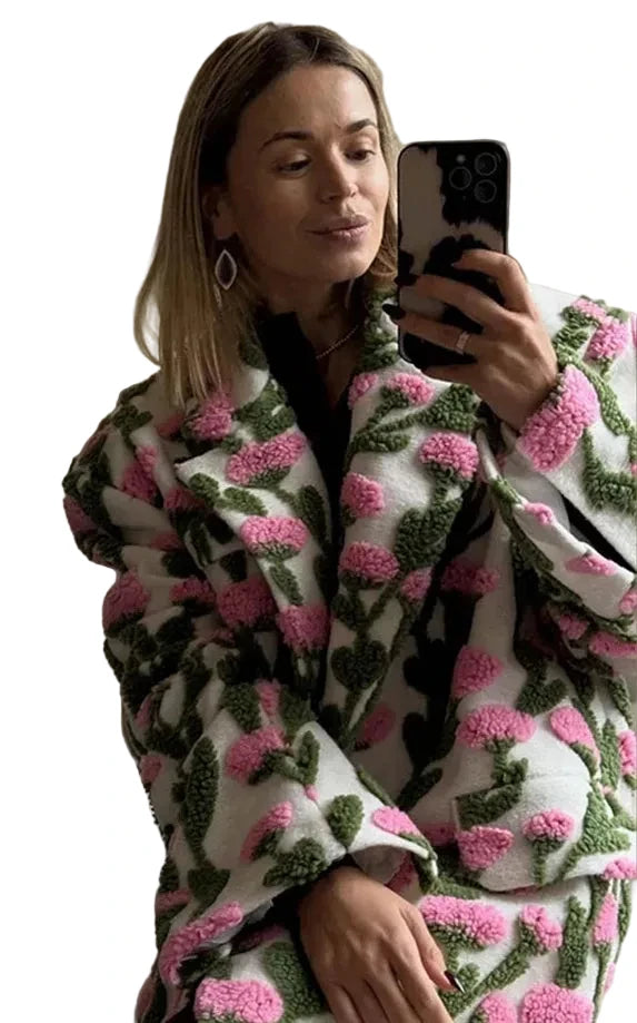 🍒Flower fleece jacket woman loose lapel long sleeve coat single breasted casual coat unique 3D floral outerwear clothing  Floral Fashion Fun Fleece