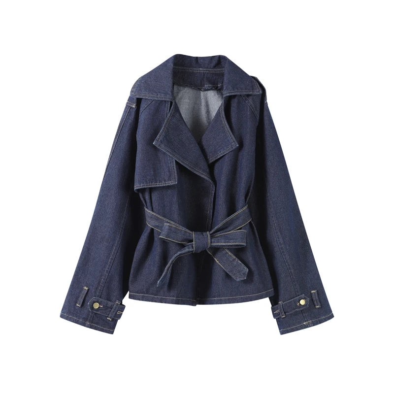 🍒Denim long pant set street Y2K fashion women lapel tie waist coat jacket plus straight leg jeans long sleeve Jacket and trousers jeans two piece suit ladies outfits smart casual clothes Dress Up In Denims