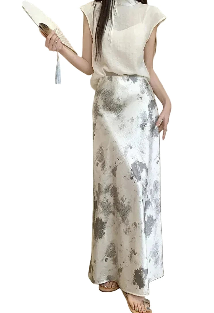 🍒Elastic satin skirt with high waist slimming mid-length floral print high-end feel fish tail skirt shiny for women Slip On A Silky Slippy