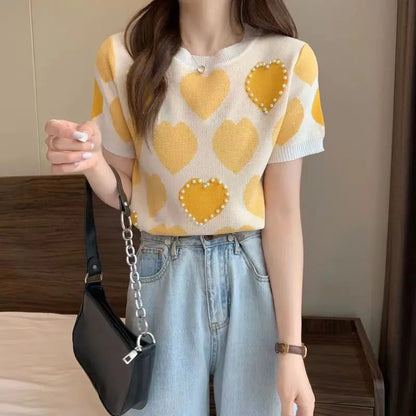 🍒Tweedelige stelpak elegante gebreide t-hemp met liefdeshartjie-top vir vroue en gemaklike wyebeenbroekstelle elegante gemaklike klere huisdrag klere Hou van Hierdie Stel