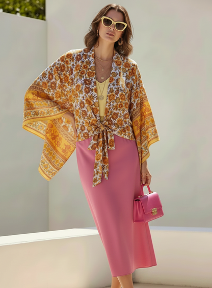 🍒Boho kimono vintage womens fashion short beach swimsuit robe floral clothing batwing sleeve top rayon bohemian bikini cover Ups Beachwear summer clothes Cool Cover