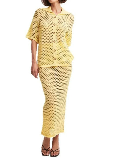 🍒 女士两件套夏季服装休闲网眼针织上衣和搭配长裙 时尚渔网沙滩装搭配套装 蕉香巧克力味，美味诱人
