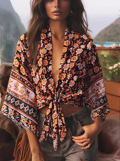 🍒Boho kimono vintage womens fashion short beach swimsuit robe floral clothing batwing sleeve top rayon bohemian bikini cover Ups Beachwear summer clothes Cool Cover