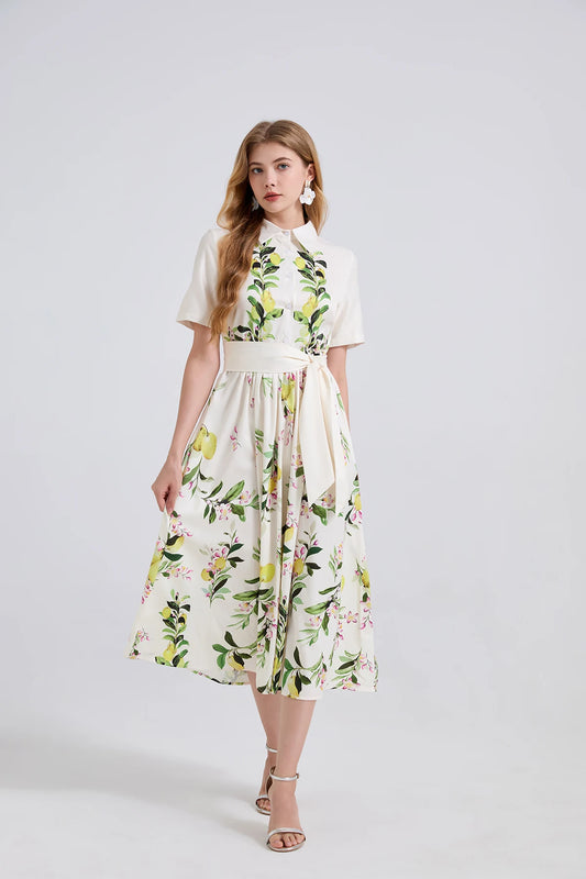 🍒Fashion midi dress shirt summer women bohemian short sleeve floral outfit lemon print sundress belted elegant long dress smart casual clothes