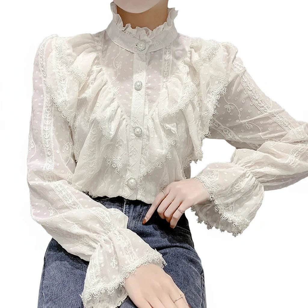 🍒Long sleeve ruffle blouse loose spring fashion button white shirt elegant stand collar top women lace chiffon casual shirt occasion wear Look All 'white In White