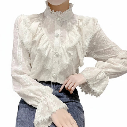 🍒Long sleeve ruffle blouse loose spring fashion button white shirt elegant stand collar top women lace chiffon casual shirt occasion wear Look All 'white In White