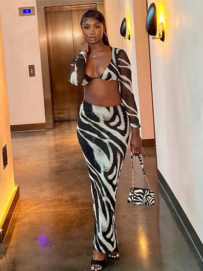 🍒Stripe two piece set skirt contrast colour animal zebra print chiffon top party bra outfit crop top and matching fitted maxi skirt suit Hot Girl Cool