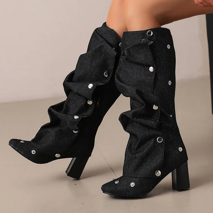 🍒Denim boots for Women blue multi snap-fastener pleated shoes with zip wide calf length boots winter footwear Cute Cowboy
